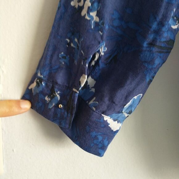 Zara Top Blouse Tunic Woman L/M*Blue Floral Silk Blend Long Sleeve Keyhole - Picture 7 of 11
